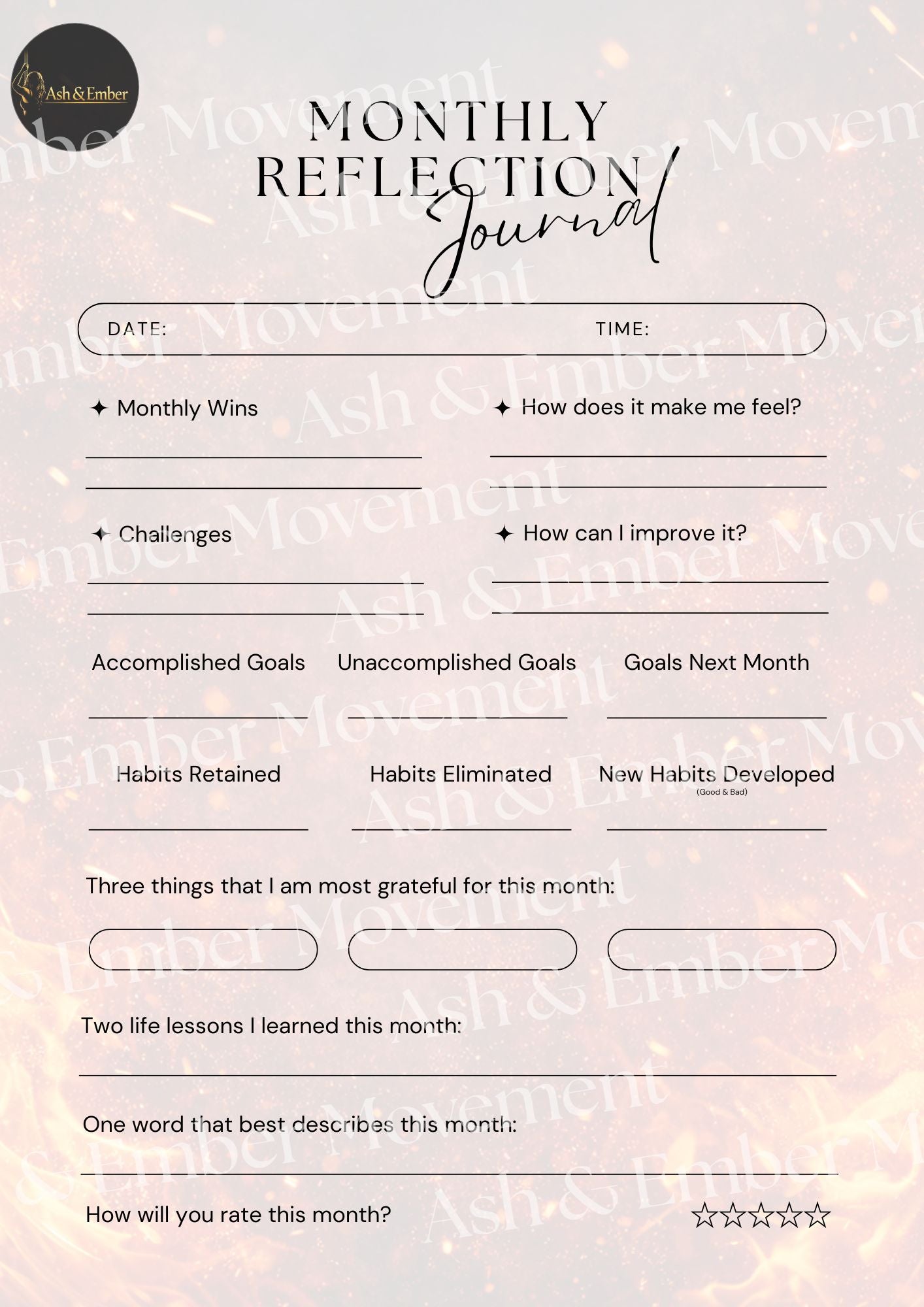 Monthly Reflection Journal — Ash & Ember Guided Self‑Growth Page (Printable PDF)