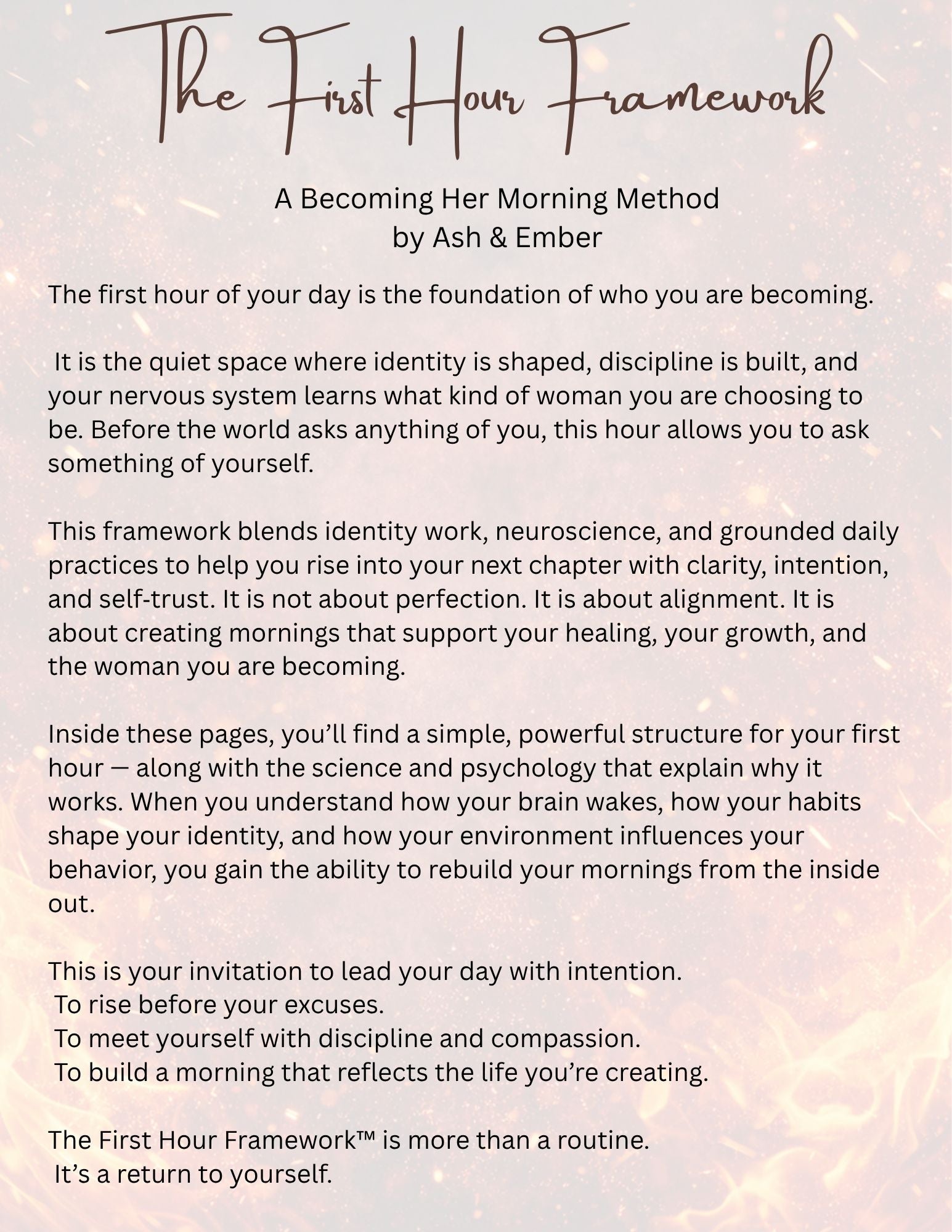 The First Hour Framework™ — A Becoming Her Morning Method (14‑Page Morning Routine E‑Book)